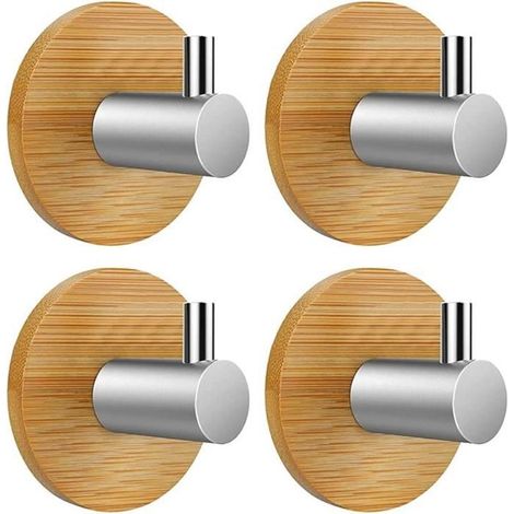 Klebehaken, Wandhaken, Selbstklebender Haken für Bad, Küche, Büro, Tür, 4 Stück (Bambus und Edelstahl, rund)