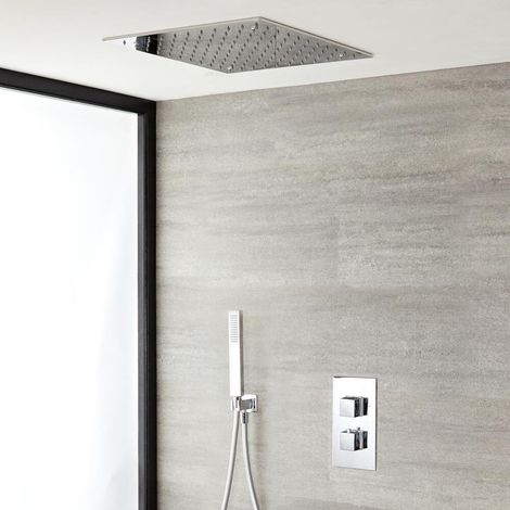 Hudson Reed – Kit de douche thermostatique à encastrer 40x40cm – Pomme de douche carrée en acier inoxydable – Sécurité anti-brûlure à 38°C – Flexible 1.75m