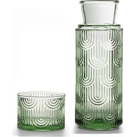Carafe à Eau de Chevet et Tasse en Verre,Bouteille De Bain ee Bouche Transparent Pour thé Glacé, Boissons Pour Chambre Coucher, Table Cuisine, (Vert) (1/5)