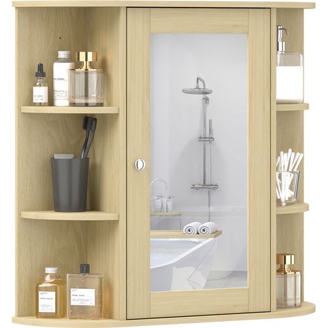 Beyamis Badezimmerschrank mit Spiegel, Wandmontage, offene Regale, 66 x 17 x 63 cm, Natur