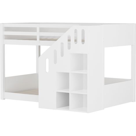 Lit superposé enfant 90 x 200 cm blanc avec escalier de rangement et barrières de sécurité HOMVRA (1/5)