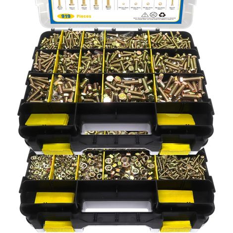 Assortiment de boulons métriques de grade 8.8 de 919 pièces, kit de boulons et d'écrous M4 M5 M6 M8, galvanisé jaune, longueur de 12-30mm (boîte jaune)
