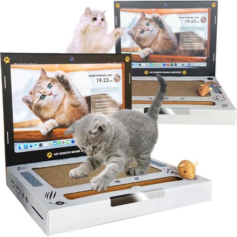 Griffoir en carton 3 en 1 pour chat, jouet pour ordinateur portable avec « souris » duveteuse et balle à clochette, tapis à griffer ondulé pour chats (1/5)