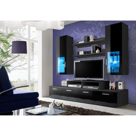 Ensemble meuble TV mural  - MINI - 200 cm x 190 cm x 45 cm - Noir - Livraison gratuite