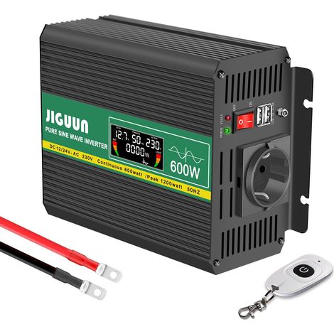 600W Convertisseur 12V/24V 220V Pur Sinus Onduleur transformateur Puissance crête 1200W avec Télécommande sans Fil Écran LCD 1 Prises EU 2 Port USB pour Voiture Camping Voyage Urgence (1/5)