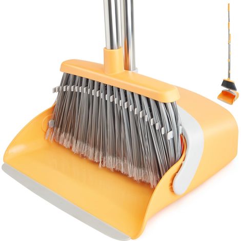 Ensemble pelle et balayette à long manche avec peigne à dents, brosse de balayage verticale pour intérieur, cuisine, hall, bureau, balayage des poils d'animaux domestiques (1/5)