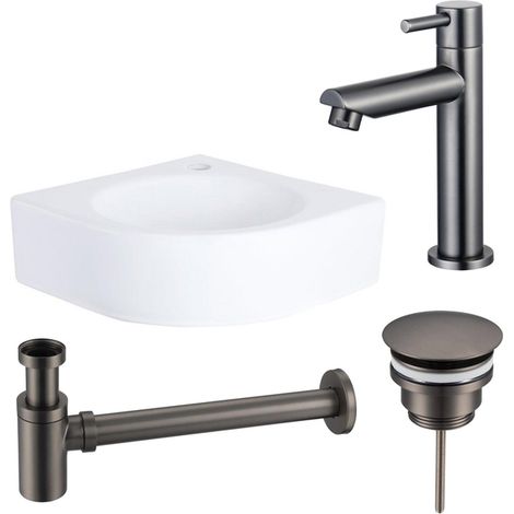 QeramiQ Fuente Pack Lave-mains d'angle - 30x30x10cm - 1 trou de robinet - céramique - robinet gunmetal - Blanc