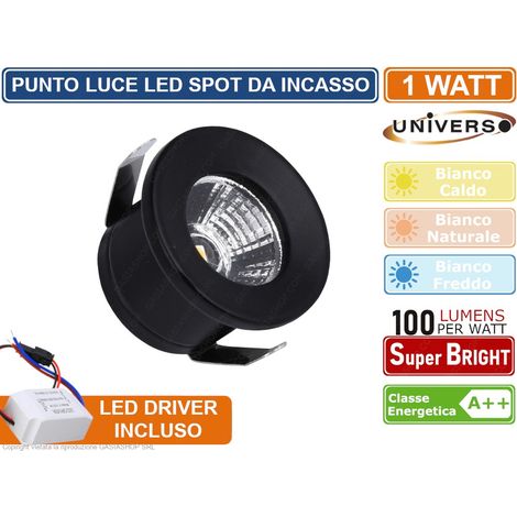 FARO FARETTO LED PUNTO LUCE ROTONDO COLORE NERO DA INCASSO 1W 3000K 4000K 6500K IP20 - Colore Luce: Bianco Freddo