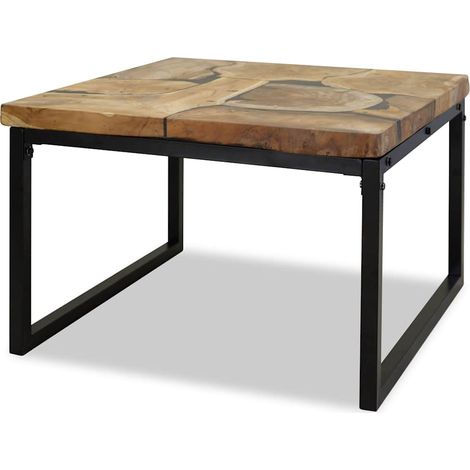 Table basse en teck véritable et résine noire, cadre acier, 60 x 60 x 40 cm - PANGIVO (1/5)