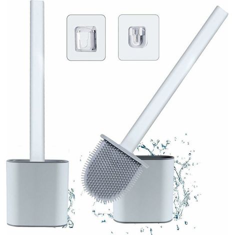 Brosse WC avec sort (Lot de 2) – Brosse WC en silicone avec long manche en plastique antidérapant et kit de sort à séchage rapide (sol/mur), brosse de salle de bain avec poils en silicone propre (1/5)