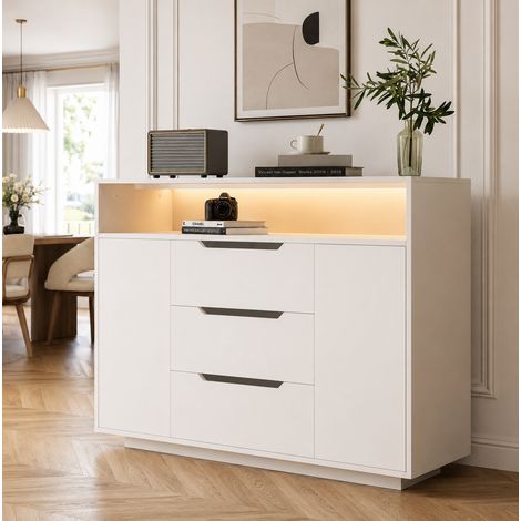Aparador mueble auxiliar con cajones y puertas blanco 120 cm OKMYHOME (1/5)