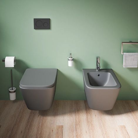 Coppia di Sanitari Sospesi in Ceramica Grigio Opaco Vaso Rimless con Sedile Soft-close e Bidet Mod. Kyoto (1/5)