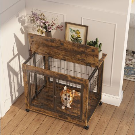 Jaula para perro estilo mueble, doble puerta, techo abatible, con ruedas, 80 x 56 x 69,5 cm (1/5)