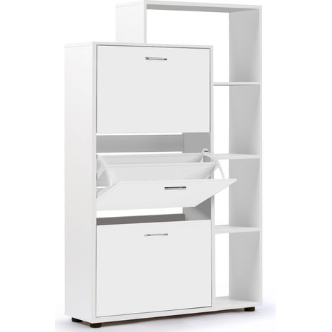 Idmarket – Meuble à chaussures 3 portes blanc – Capacité 18 paires – Dimensions L. 60 x l. 24 x H. 110 cm – Structure en panneaux de particules