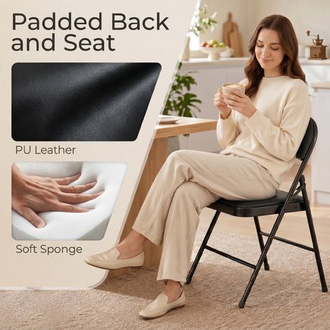 Lot de 4 chaises pliantes, sièges de bureau portables, pieds métalliques, chaise pliable pour bureau, accueil, salle d'attente, similicuir, noir (1/5)
