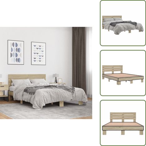 Bettgestell Sonoma-Eiche 140x200 cm Holzwerkstoff und Metall - Holzbettfassungen - Doppelbett Gestell - Bettkopfstütze - Lattenrost - Sonoma Eichen Möbel (1/5)