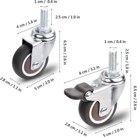 Roues pour meubles universelles M10x25mm, 4pcs pivotantes avec et sans frein, charge 30kg (1/3)