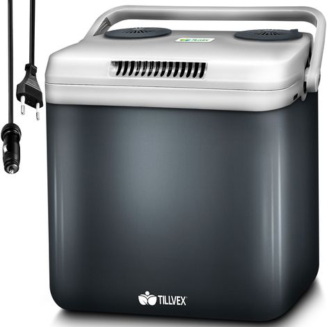 tillvex Kühlbox elektrisch 32L Grau Mini-Kühlschrank 230 V und 12 V für KFZ Auto Camping kühlt & wärmt ECO-Modus