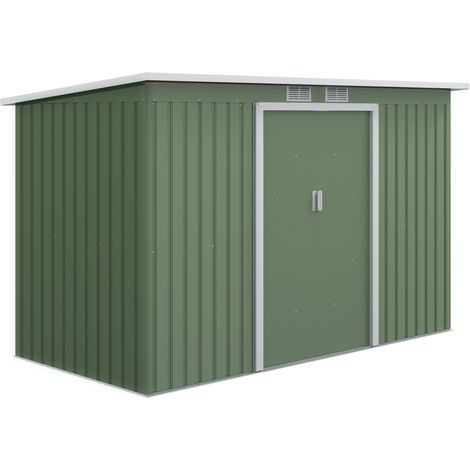 Abri de jardin Outsunny, abri à outils avec porte coulissante, fenêtre d'aération, toit pentu, extérieur, acier, vert clair, 280 x 130 x 172 cm