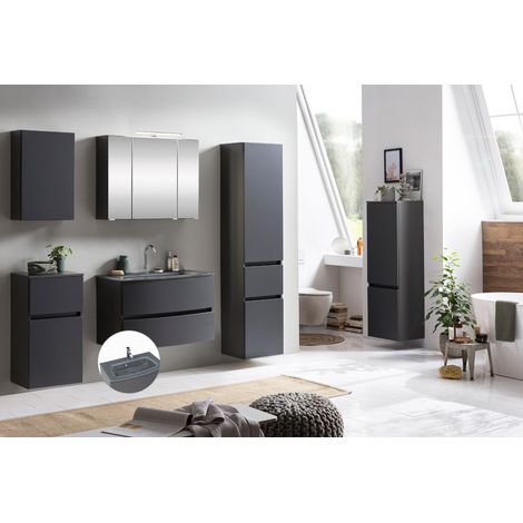 Badezimmermöbel Komplett Set LAURIA-03 in Graphitgrau mit matt grau inkl. LED-Beleuchtung, Glasbecken grau, BxHxT: ca. 200x200x49 cm (1/5)