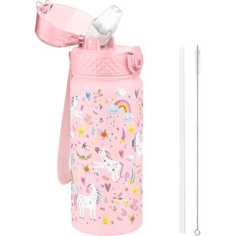 Kinder Trinkflasche 550ml Edelstahl mit Strohhalm, auslaufsicher, BPA-frei, Rosa Einhorn (1/5)
