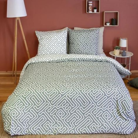 Parure de lit 220x240 cm - COTE DECO - Géométrique Gris et Blanc - Microfibre - Réversible - Adulte