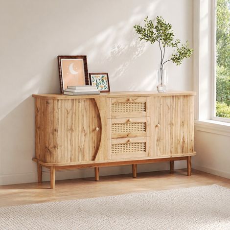Sideboard mit Schiebetüren, 3 Rattanschubladen und verstellbaren Regalböden HAVRYA (1/5)