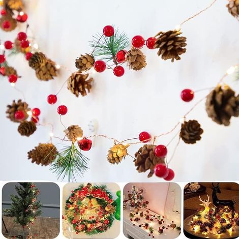 Guirlande Lumineuse de Noël avec Cône de Pin Rouge Berry Bell 200cm Guirlande Lumineuse Pomme de Pin, Décoration de Baies Rouges de Noël, Couronne Noel avec LED (Pas de Piles) (1/5)
