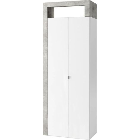 ARTURO - Armoire 2 portes 5 étagères blanc laqué et aspect béton