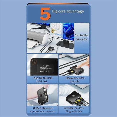 Partageur USB pour imprimante, commutateur de partage 2-en-1, répartiteur de câble USB, dispositif de connexion pour périphériques, compatible avec PC et Mac, pour bureau et maison (1/5)