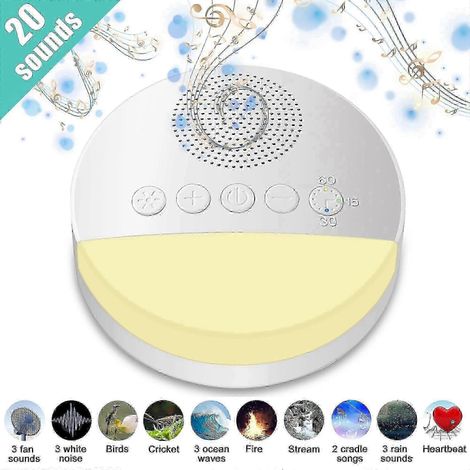 Machine à bruit blanc pour dormir, rechargeable, avec 20 sons apaisants, veilleuse, minuterie et fonction de mémorisation du volume réglable. (1/4)