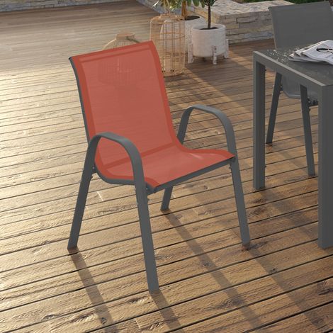 Lote de 6 sillas de jardín apilables de metal y textileno LYMA gris-negro y terracota