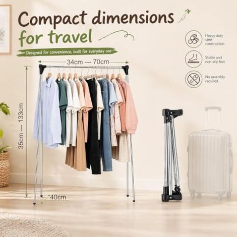 Portant à vêtements pliable portable et réglable - Tringle à vêtements extensible - Petit séchoir à linge pliable en acier inoxydable pour voyage, danse, linge, randonnée, camping (1/4)