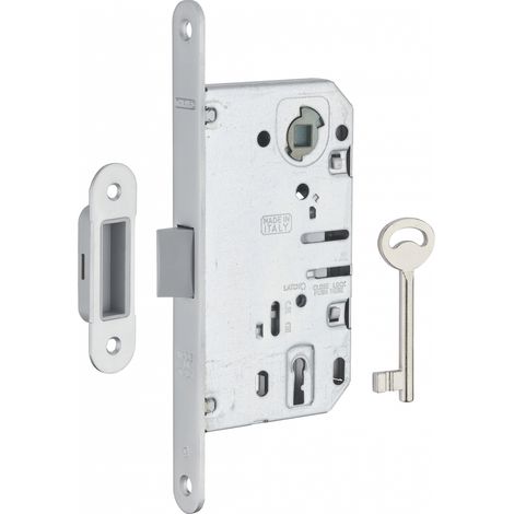 Serratura Patent da incasso 90mm x 50mm, reversibile, piastra tonda, richiamo 1/2 giro, 1 chiave, cromo opaco - THIRARD
