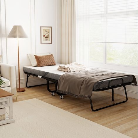 Cama plegable (200x90x42.5 cm), con ruedas, plegable, tapizado de poliéster blanco (1/5)