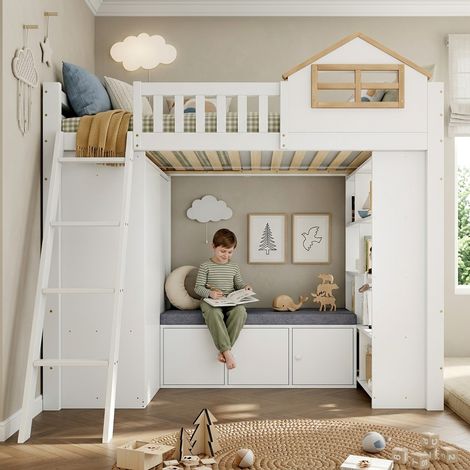 Lit cabane enfant 90x200 cm en bois avec lit mezzanine, maison avec fenêtre, armoire, étagères ouvertes, banc avec rangement et échelle - Blanc et naturel (1/5)