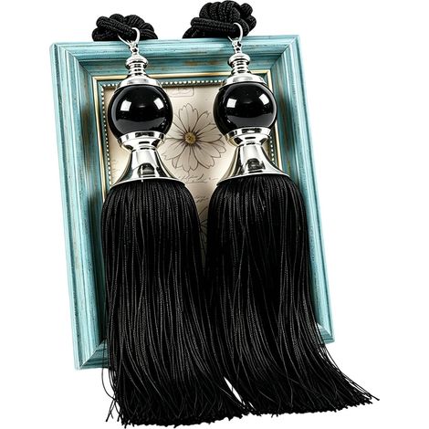 Lot de 2 embrasses de rideaux noires à pompons avec perles de cristal pour fenêtres, portes, décoration pour la maison et le bureau (1/5)