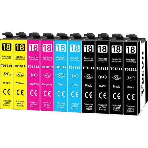 Cartouches d'encre 18XL Compatibles avec Epson XP 322 pour XP-215 XP-205 XP-225 XP-305 XP-325 XP-422 XP-405 XP-415 XP-425 XP-315 XP-312 XP-412 XP-102 (Lot de 10) (1/5)