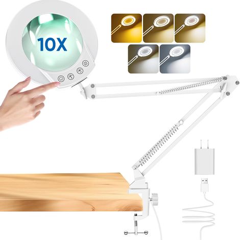 Loupe 10X avec lumière et pince, loupe éclairée en verre véritable avec 5 modes de couleur et intensité variable en continu, lampe de bureau mains libres pour les loisirs, le bricolage (1/5)
