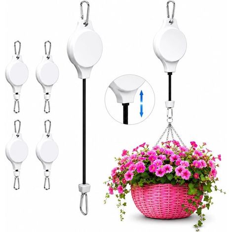 4 supports extensibles pour plantes - Crochets avec poulie - Suspension télescopique - Idéal pour suspendre plantes de jardin, paniers de fleurs, pots et mangeoires à oiseaux (Blanc) (1/5)