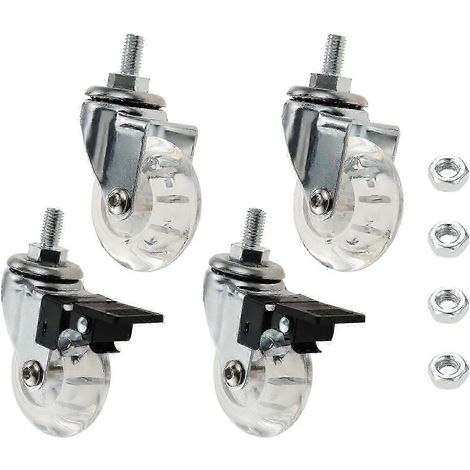 Lot de 4 roulettes pivotantes transparentes de 5 cm (2 pouces) avec frein, tige filetée M8x15 mm, pour chaise de bureau, canapé, armoire (1/5)