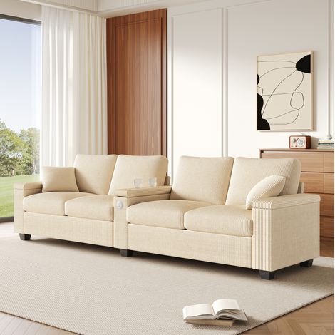 REDOM - Sofá 4 plazas 299x80x82.7 cm, puertos USB y USB-C, reposabrazos central abatible con almacenamiento, pana, beige (1/5)