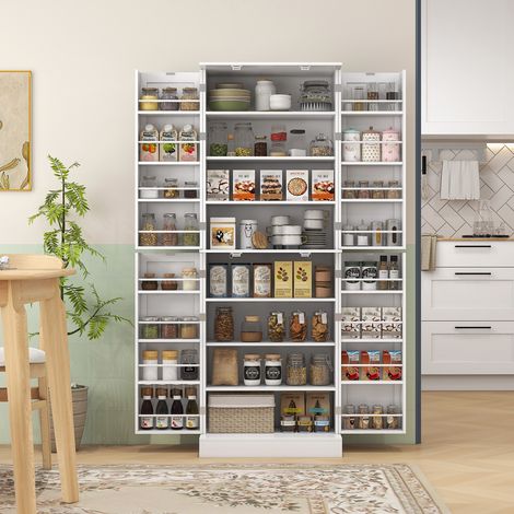 Armoire de cuisine buffet cuisine avec placards, étagère réglable et porte-épices, 60 x 35 x 166 cm, blanc