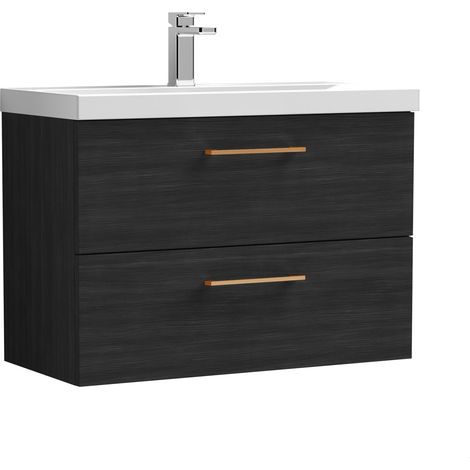 Balterley 800mm Wall Hung Bathroom 2 Drawer Vanity Unit and 1 Tap Hole Ceramic Basin, Woodgrain Black with Copper Handles