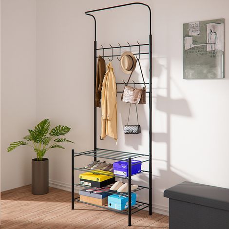 Stand Appendiabiti da Ingresso Struttura Metallo 9 Ganci con scarpiera 4 Ripiani (1/5)