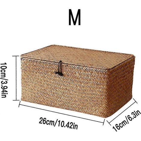 Boîte de rangement tressée avec couvercle - Ensemble de pièces - Panier rectangulaire en jonc de mer et panier de rangement avec couvercle - Étagère et organiseur de rangement en rotin M (1/5)