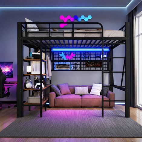Hochbett 140x200 cm schwarz aus Metall und MDF mit LED-Lichtleiste, Ablagefach, Hängegitter und Kleiderstange (1/5)