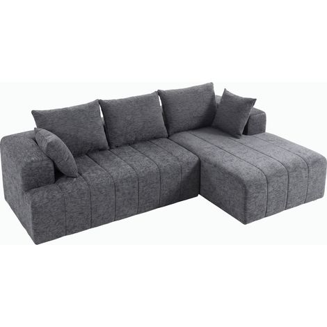 Canapé d'angle 3 places en L avec pouf, canapé-lit convertible nuage en chenille avec rembourrage à ressorts, gris (1/5)