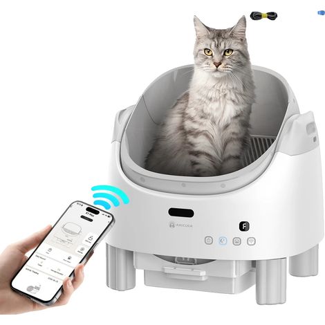 Arenero automático para gatos, de plástico, con capacidad de 60 litros, depósito de residuos de 8 litros, peso de 13,8 kg y sistema de 16 sensores.