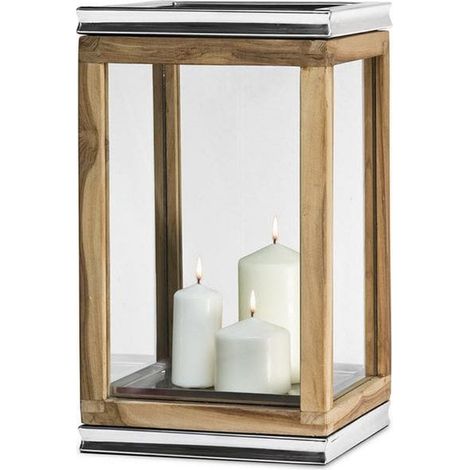 Lanterne Photophore Décorative en Bois de Teck et Acier Inoxydable Nickelé, Hauteur 44 cm - PANGIVO (1/4)